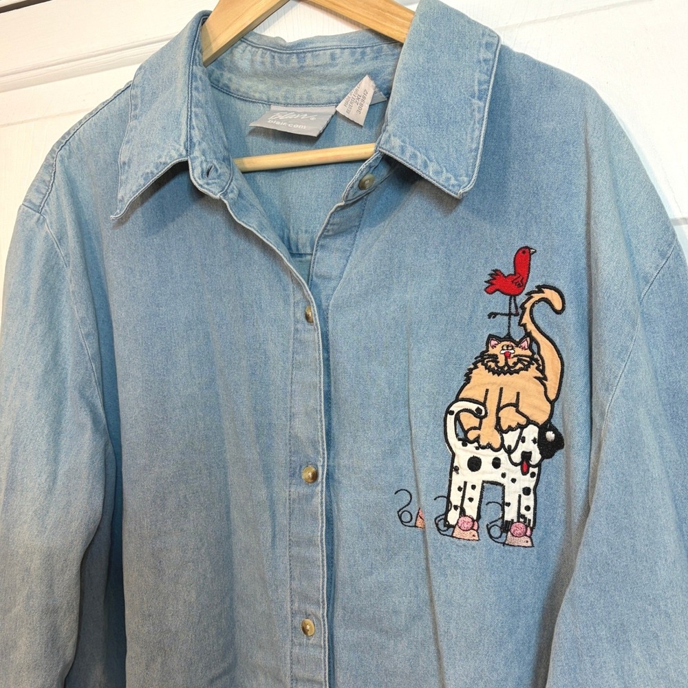 Blair Women 2XL Vintage 90s Denim Shirt Embroidered Cat Bird Dog Mouse Button Up - Picture 1 of 10